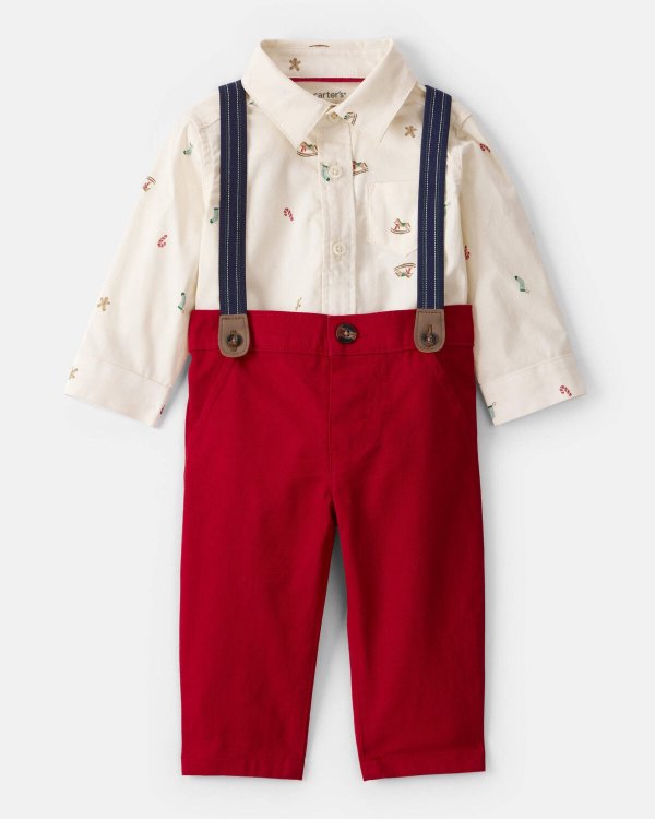 3-Piece Baby Long-Sleeve Shirt Suspender Pant Set Red White Cotton