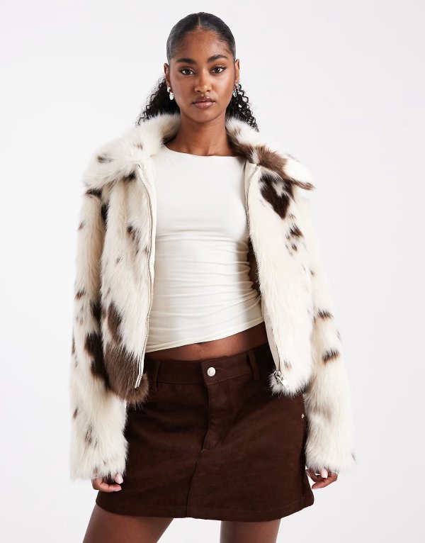  Faux Fur Collar Cow Print Bomber Jacket