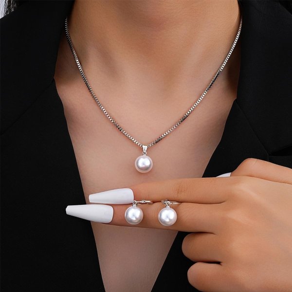 Imitation Pearl Pendant Necklace Earrings Set Women