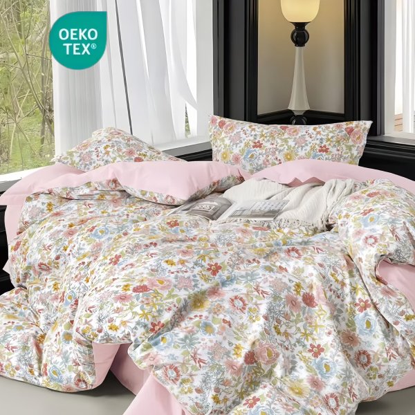 JOLUSERE Organic Cotton Duvet Cover Pink Floral Queen