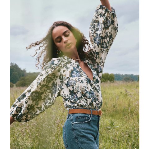 LOFTFloral Blouson Sleeve Split Neck Blouse