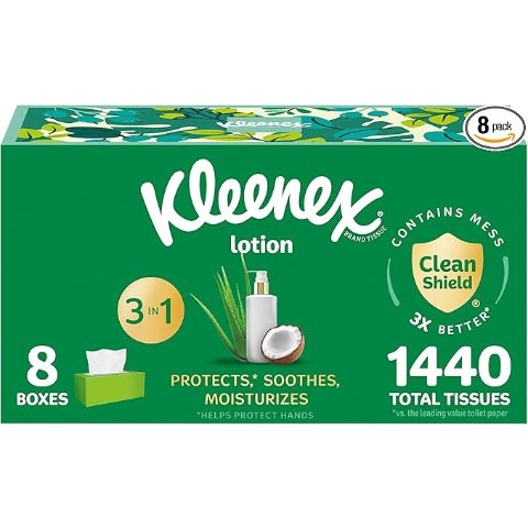 Lotion Facial Tissues with Coconut Oil, 8 Flat Boxes, 180 Tissues Per Box, 3-Ply