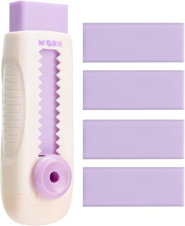 M&G 4+1 Pack Sliding Retractable Pencil Eraser, Push Pull Eraser with Plastic Sleeve for Students Kids, School Office Home Supplies (Purple)