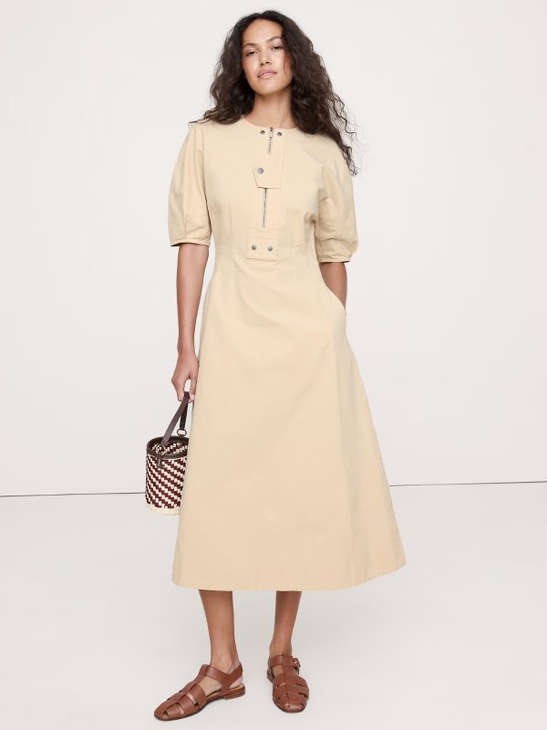 Stretch Cotton Twill Utility Midi Dress