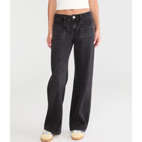 低腰宽腿拼接牛仔裤