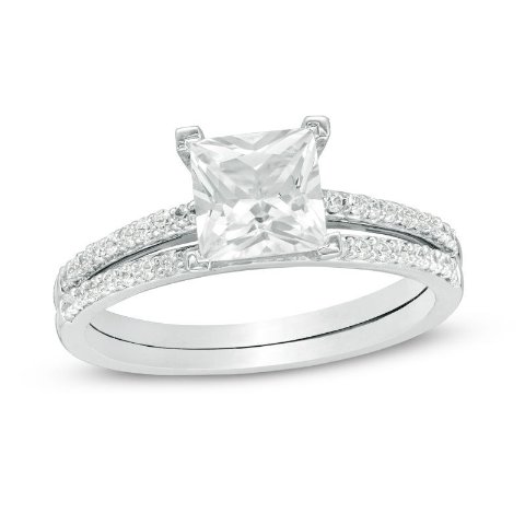 6.0mm Princess-Cut White Lab-Created Sapphire Diamond Bridal Set 10K White Gold