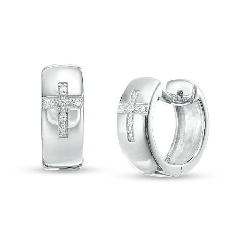 Diamond Accent Cross Huggie Hoop Earrings Sterling Silver