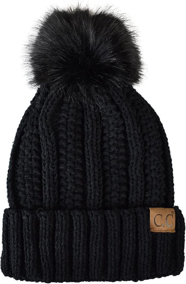 C.C Thick Cable Knit Faux Fur Pom Cuff Beanie