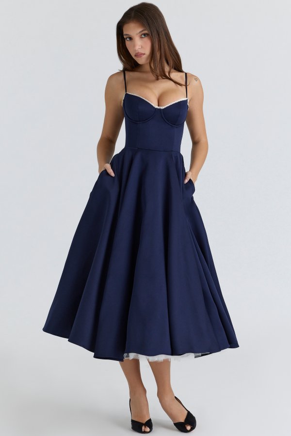 House of CB Navy Satin Tulle Midi Dress