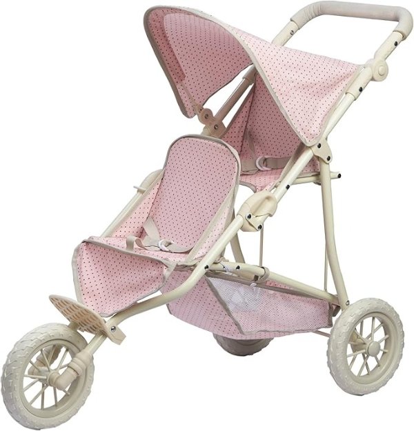 Olivia's Little World Double Doll Stroller Pink Gray Polka Dots