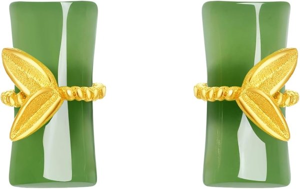 24K Gold Green Jade Bamboo Stud Earrings Y0914712