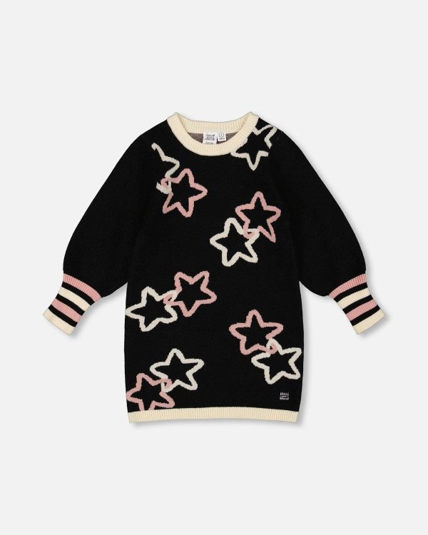Long Sleeve Knit Dress Black with Stars