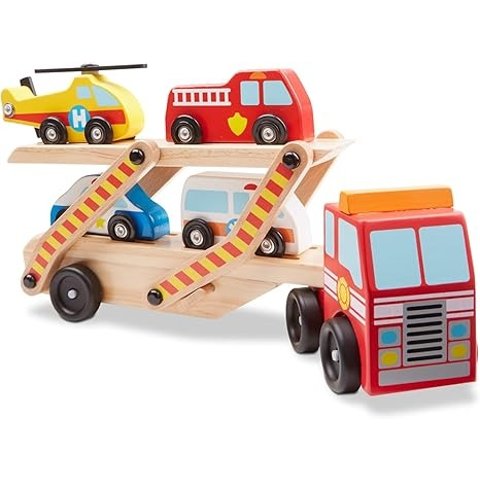 Melissa & Doug Wooden Rescue Truck with 4 Vehicles
