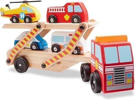 Melissa & Doug Wooden Rescue Truck with 4 Vehicles
