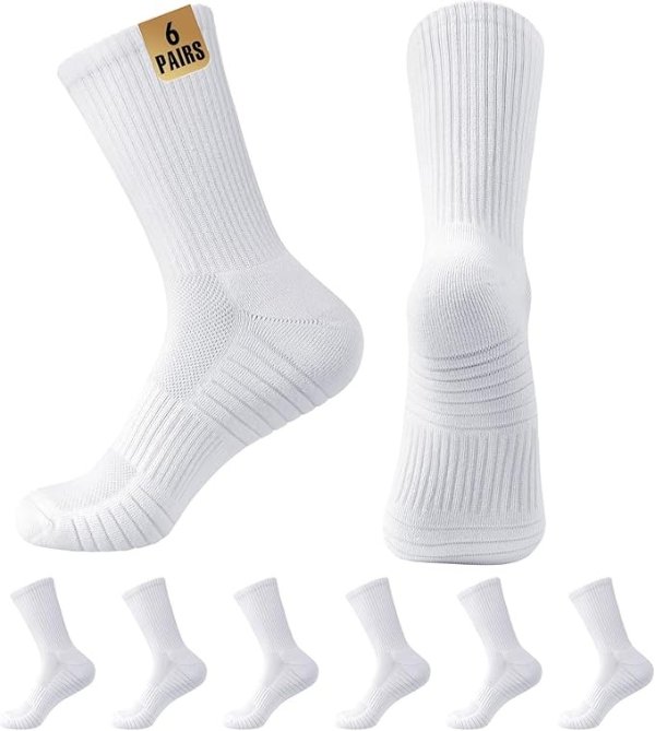 Men's White Crew Sports Socks 6 Pairs