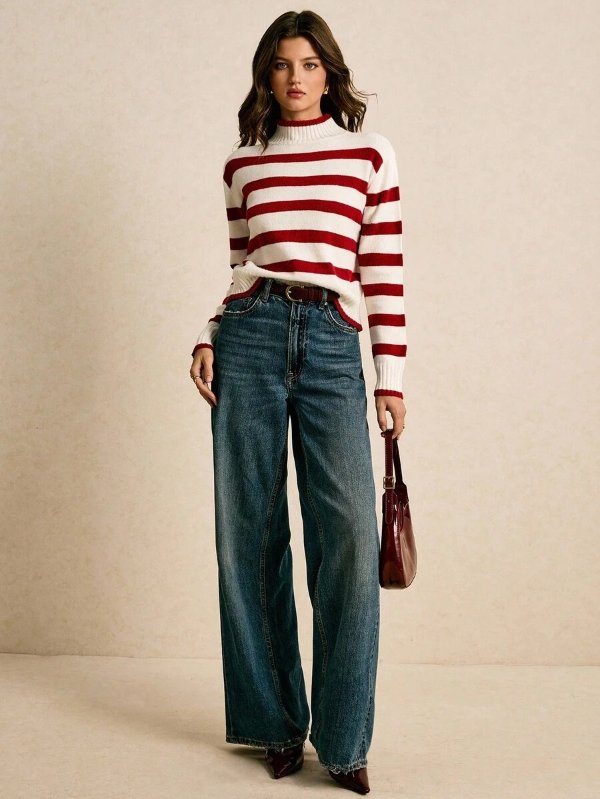 Poeselle Women's Colorblock Striped Stand Collar Sweater