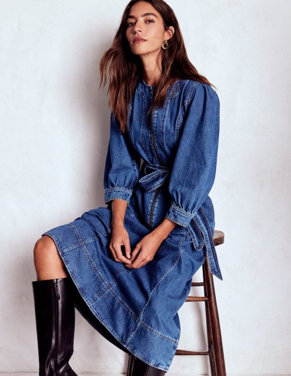 Zip Denim Dress Puff Sleeve Dark Wash