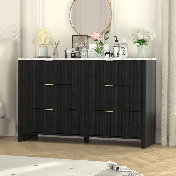 Black 6-Drawer Chest 50.6 in Faux Marble Top