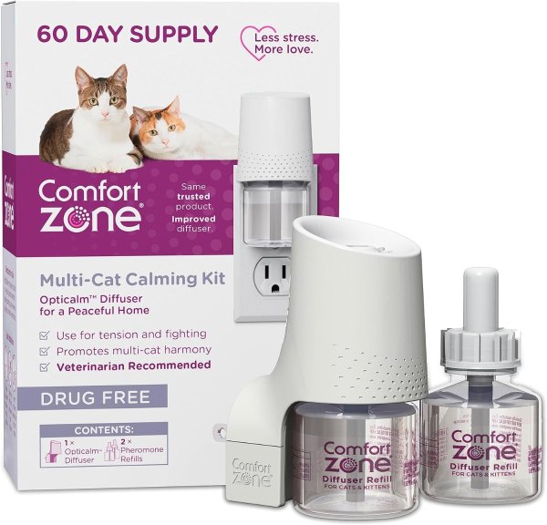 1 Diffuser Plus 2 Refills, Comfort Zone Multi-Cat Calming Diffuser Kit (60-Day Supply) for a Peaceful Home, Veterinarian Recommended, Reduce Cat Fighting, Spraying, & Other Problematic Behaviors