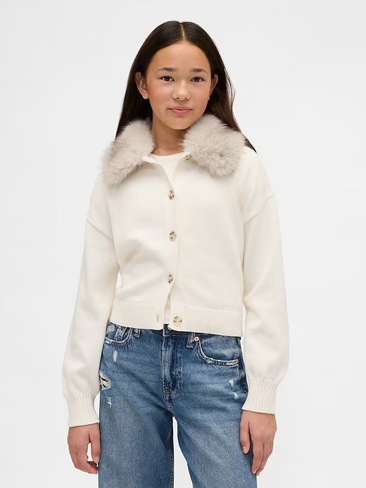 Kids Faux Fur Collar Cardigan Sweater