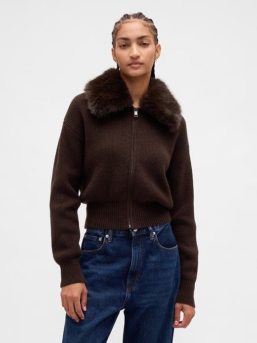 CashSoft Faux-Fur Collar Zip Cardigan Sweatshirt