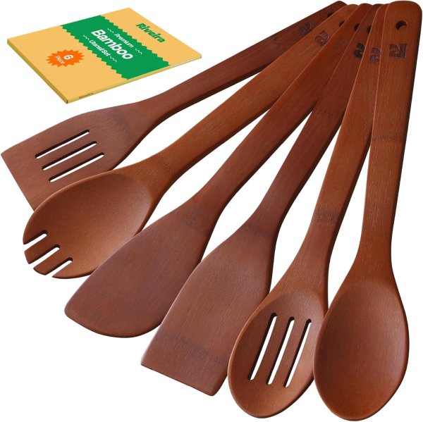 Riveira Brown Bamboo Wooden Cooking Spoons Set of 6