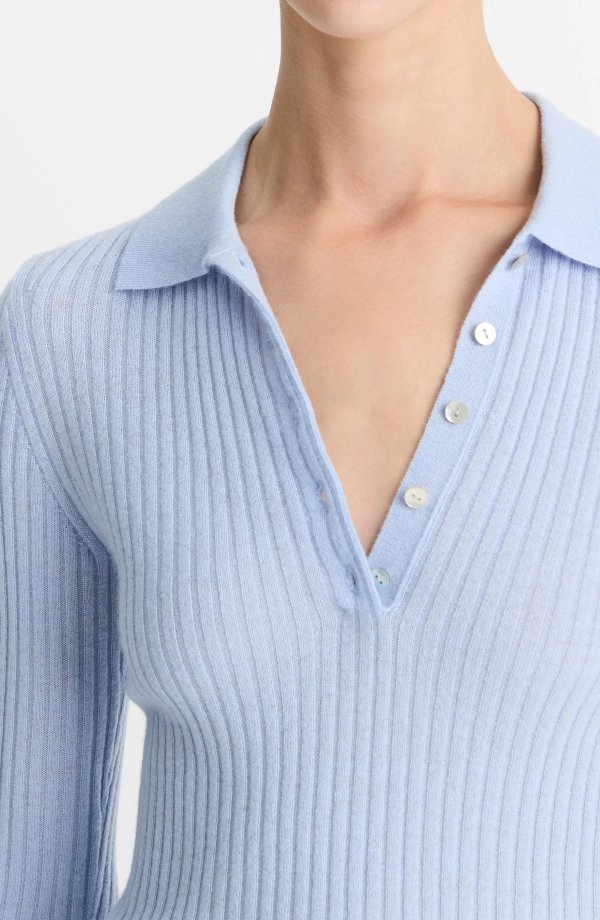 Long Sleeve Cashmere Silk Rib Polo Sweatshirt