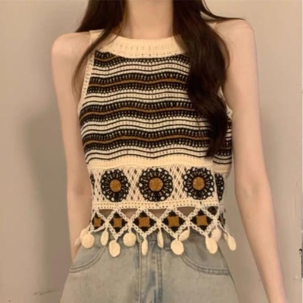 Cotton Striped Knitted Tank Top Women Black