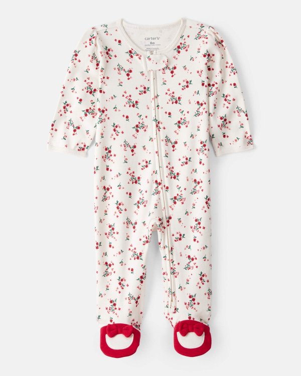 Cotton Bow Floral Baby Girl Sleep & Play Pajamas White/Red