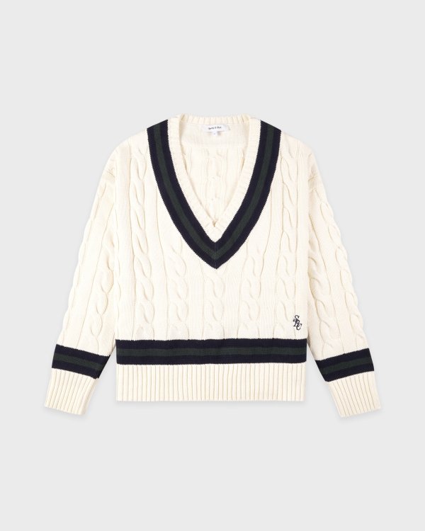 Sporty& Rich Cotton V-Neck Cableknit Sweater Multi-Color