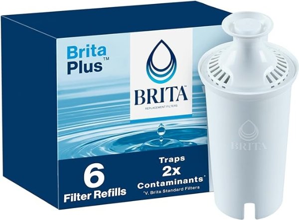 Plus Water Filter, BPA-Free, High-Density Replacement Filter for Pitchers and Dispensers, Reduces 2x Contaminants*, Lasts Two Months or 40 Gallons, Includes 6 Filters