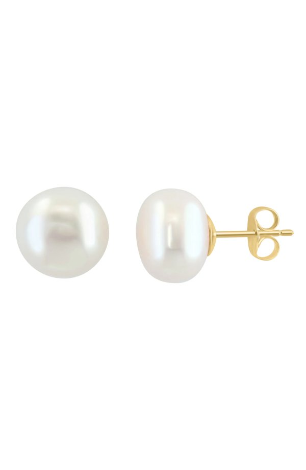 14K Yellow Gold Freshwater Pearl Stud Earrings 11-12mm