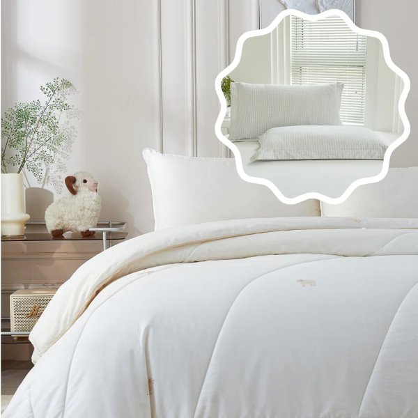 Fine Sheep Wool All Season Duvet Insert + Eta Mist White Cotton Standard Pillow Sham