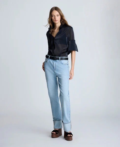 High Rise Denim Jeans Straight Leg Wide Cuff NU WASH