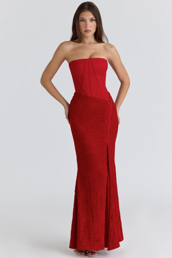 House of CB Red Satin Lace Strapless Maxi Dress
