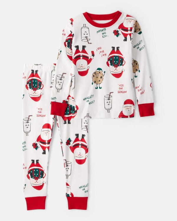 Santa Kids Cotton Long Sleeve Pajamas Set White