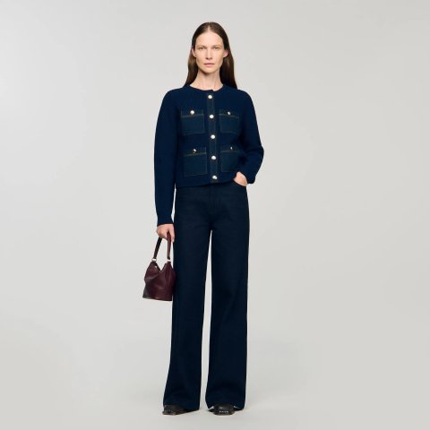 牛仔拼接针织开衫