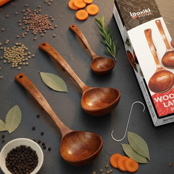 Boxiki Kitchen Luxury Teak Wood Ladle Set of 3