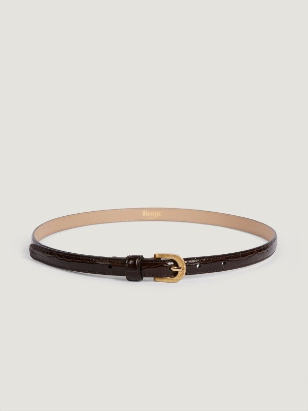 Chocolate Thin Leather Belt Striated Gold Buckle