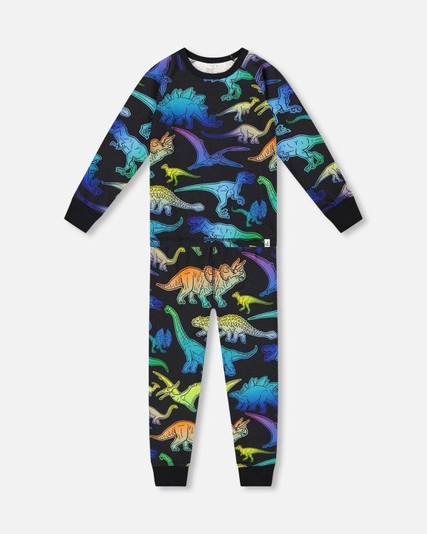Organic Cotton Pajama Set Black Dinosaur Print