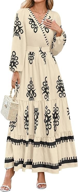 Women's Long Sleeve V Neck Floral Dress