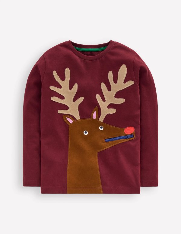 Zip Detail T-shirt Reindeer Applique