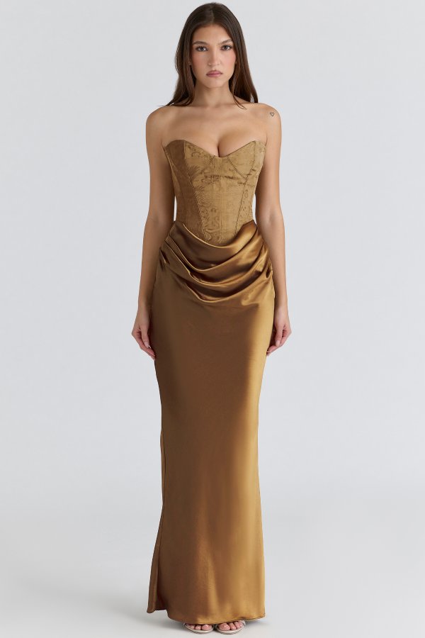 House of CB Bronze Brocade Corset Maxi Dress