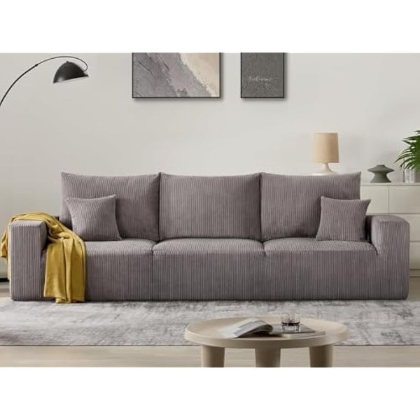 Cloud Boneless Sofa Couches for Living Room-113'' Gray 3 Seater Lounge Modern Sleeper Couch-No Assembly Required, Modular Corduroy Full Sponge Compression Sofas for House, Apartment
