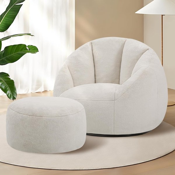 Oversized Swivel Accent Chair with Ottoman Beige Faux Fur