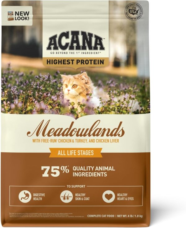 Dry Cat Food, Meadowlands, Chicken, Turkey, Fish and Cage-Free Eggs, 4lb