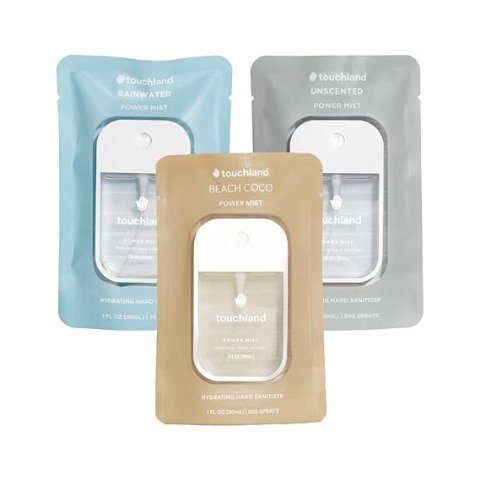 Power Mist Hydrating Hand Sanitizer Spray, DYE FREE 3-PACK (Rainwater, Unscented, Beach Coco), 500-Sprays each, 1Fl Oz Travel Size (Set of 3)