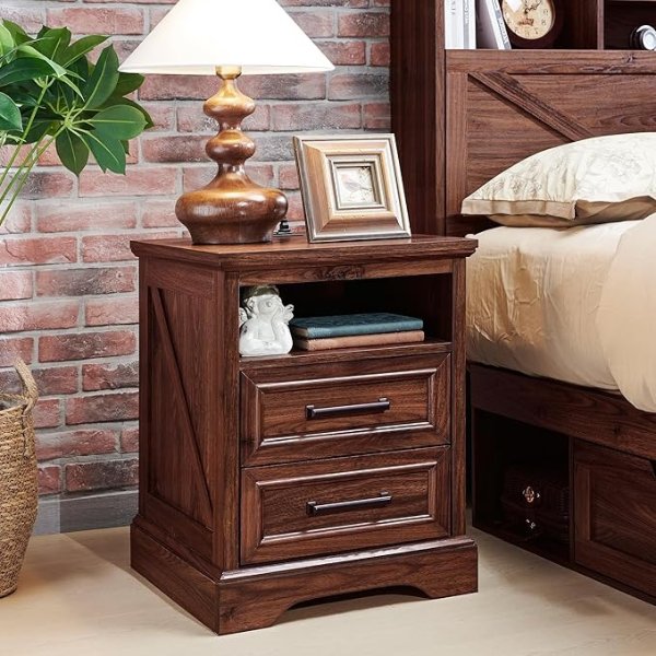 ACCOHOHO Nightstand with Charging Station 18 Inch Brown