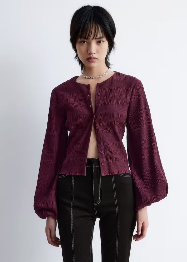 Smocked Balloon-Sleeve Top Dark Red