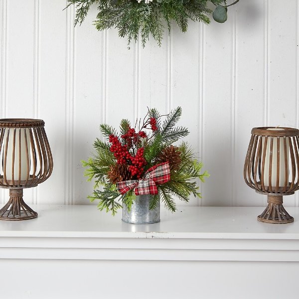 Nearly Natural A1852 Pinecones Berries Christmas Arrangement 12 Inch